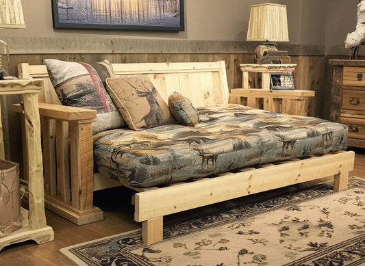 pulled out futon to sleep. Shown in Natural Clear Finish