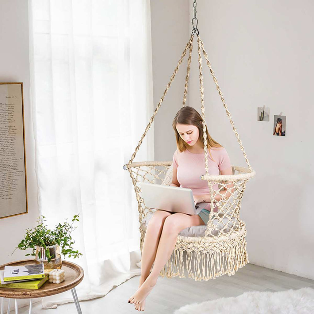 Nordic Cotton Rope Hammock Chair Handmade Knitted Indoor Outdoor Kids Swing Bed Adult Swinging Hanging Chair Hammock 440lbs - Real Rustic Furniture